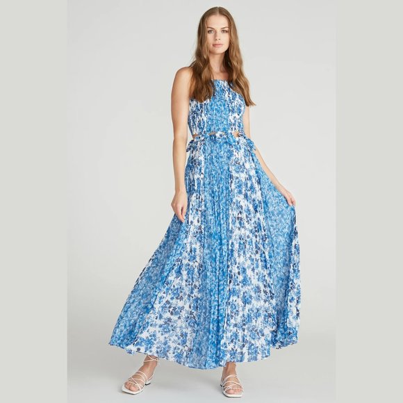 Amur Holland Tie Pleated Chiffon Maxi Spaghetti Strap Dress Blue Floral Print - Picture 2 of 13